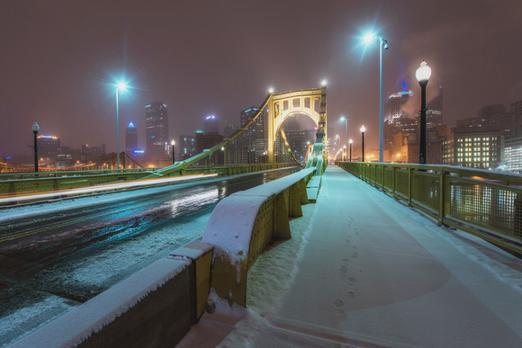 Clemente Bridge in the snow in Pittsburgh