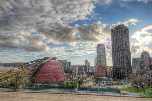View of the Civic Arena from above with the Pittsburgh skyline HDR