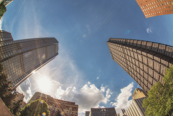 A fisheye view of the Steel Building and BNY Mellon Building in downtown Pittsburgh