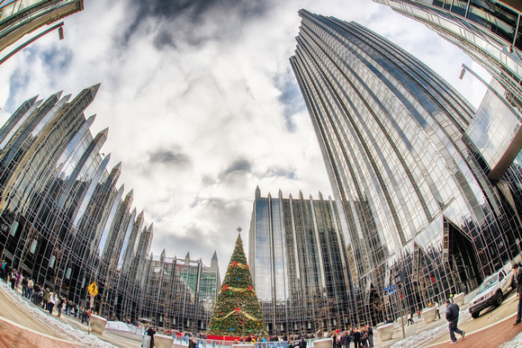 A fisheye view of the Christmas tree at PPG Place in Pittsburgh