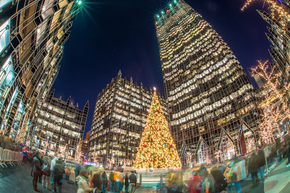 Fisheye view of the Christmas tree and PPG Place in Pittsburgh