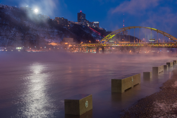 Steam on the Monongahela River in Pittsburgh under a full moon
