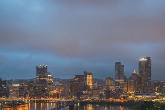 Pittsburgh skyline from above the Liberty Bridge on a cloudy morning
