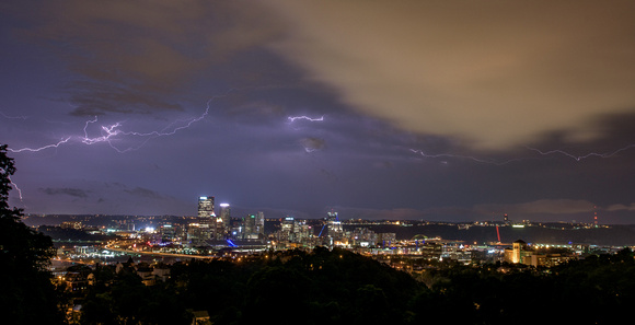 Lightning stretches across the sky over Pittsburgh