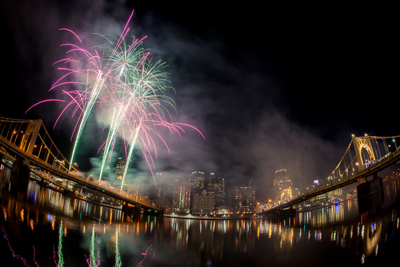 Festive fireworks in Pittsburgh during Light Up Night 2014