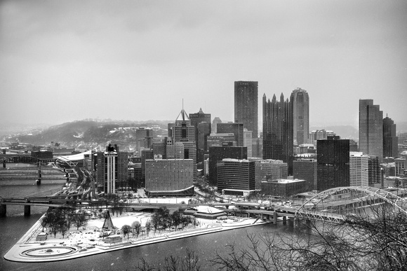 A snowy view of the Pittsburgh skyline from the Duquesne Incline in B&W HDR