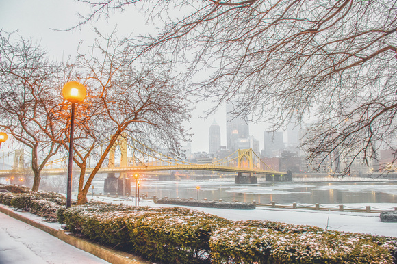 Andy Warhol bridge framed on the North Shore in the snow in a Pittsburgh winter