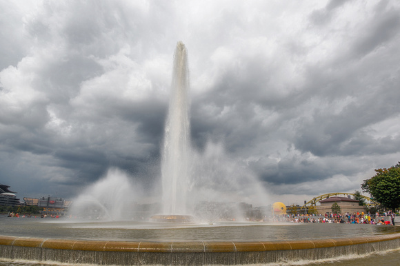 Clouds gather over the fountain at Point State Park in Pittsburgh