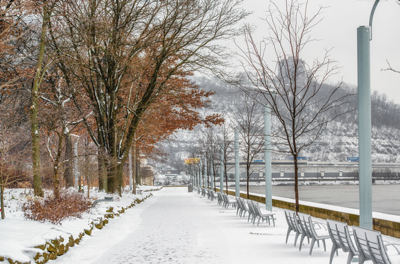 Walkway that leads to the Point in Pittsburgh covered in snow