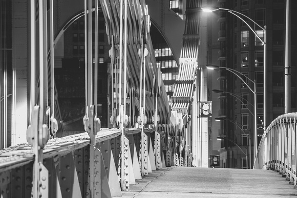Black and white view of the Andy Warhol Bridge in Pittsburgh
