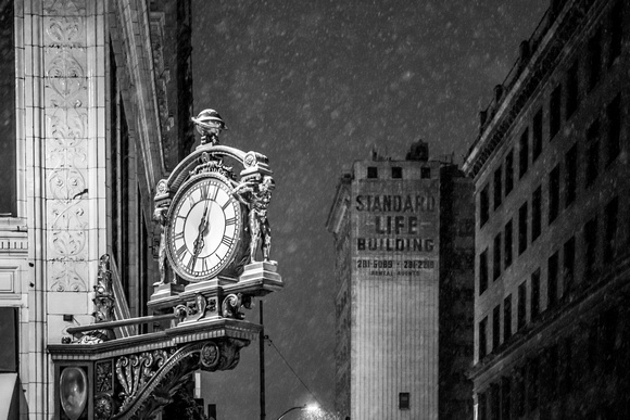 The Kaufmann's Clock during a snowstorm in downtown Pittsburgh