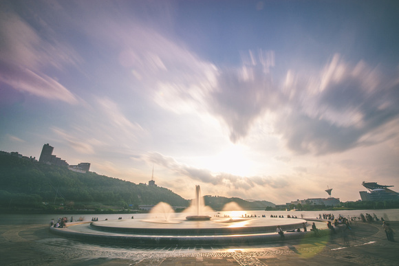 A colorful sky above the fountain at Point State Park in Pittsburgh