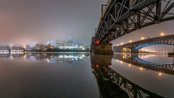 Panorama of a foggy Pittsburgh morning from the South Shore