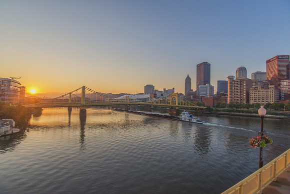 Barge on the Allegheny River in Pittsburgh at sunrise
