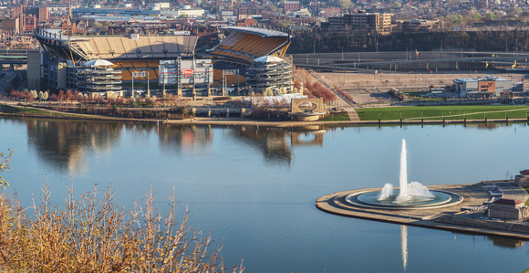 Panorama of Heinz Field and the fountain at Point State Park in spring