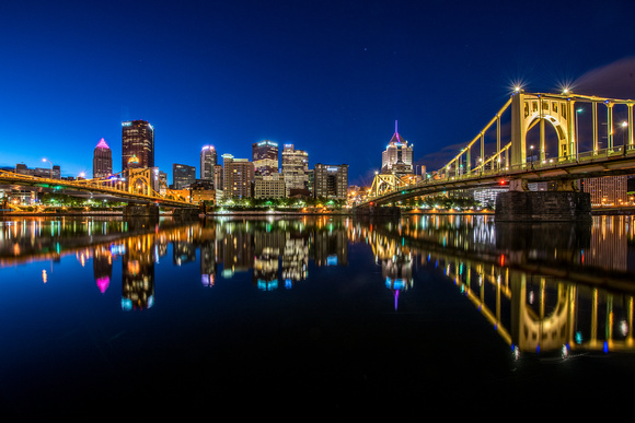 Reflections of the Pittsburgh skyline before sunrise on the North Shore