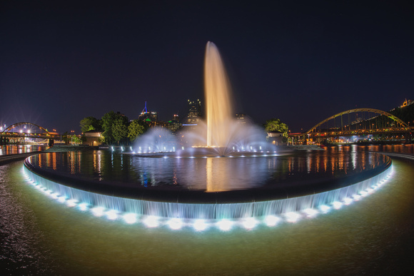 Fisheye view of the Point State Park fountain in Pittsburgh at night