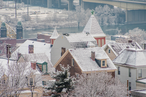 Houses on the North Side of Pittsburgh covered in snow