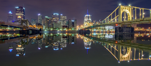 Downtown Pittsburgh reflects on cloudy morning in Allegheny River