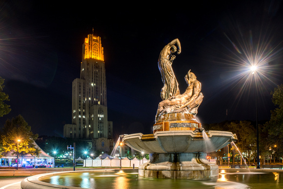 Schenley Fountain and the Cathedral of Lightning with the Victory Lights ablaze