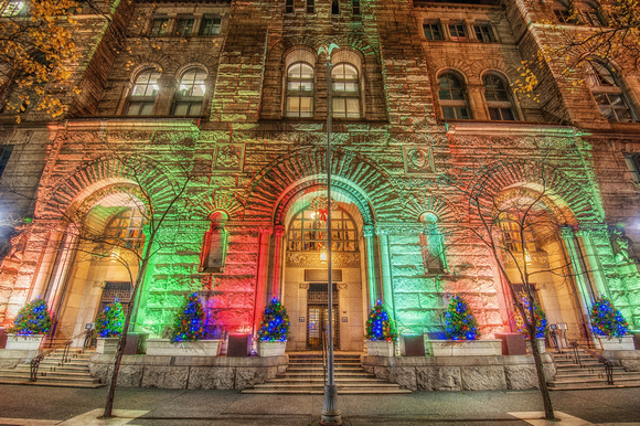 The front of the courthouse in Pittsburgh lit up for Christmas HDR