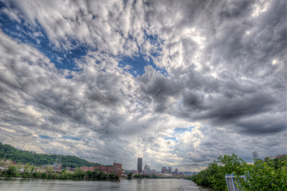 Puffy clouds over Pittsburgh from Herrs Island HDR