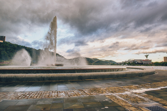 Fountain under morning skies in Pittsburgh