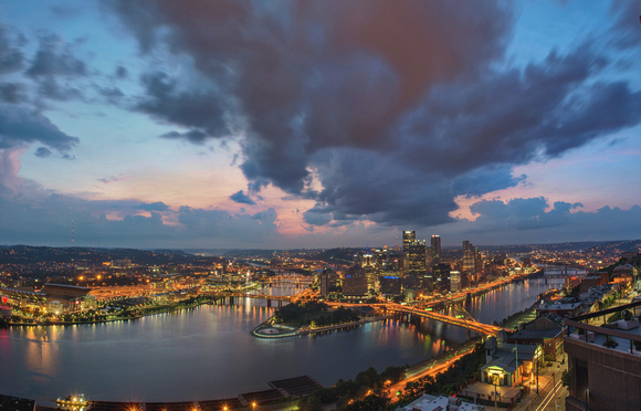 Storms rolling in over Pittsburgh at dawn