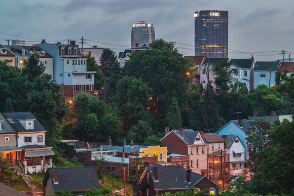 The Pittsburgh skyline rises over the South Side Slopes