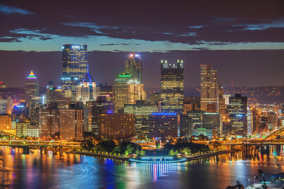 Close view of Pittsburgh from the West End Overlook before dawn