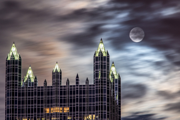 A long exposure of the supermoon over PPG Place in Pittsburgh