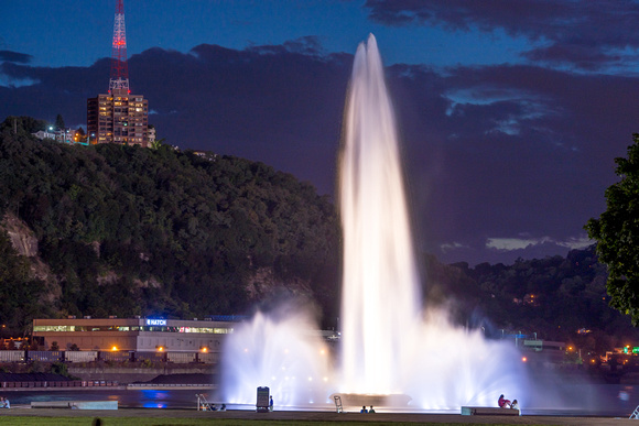 The fountain rises tall at Point State Park in supermoon
