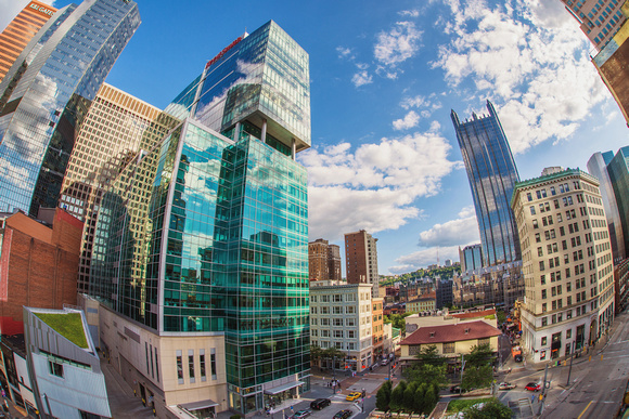 A fisheye view downtown Pittsburgh on a sunny summer day