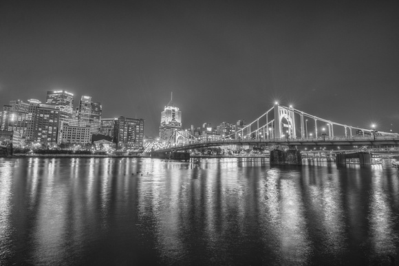 The Roberto Clemente Bridge shines on the North Shore of Pittsburgh in B&W