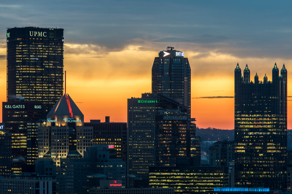 A closeup of downtown Pittsburgh under beautiful skies at dawn